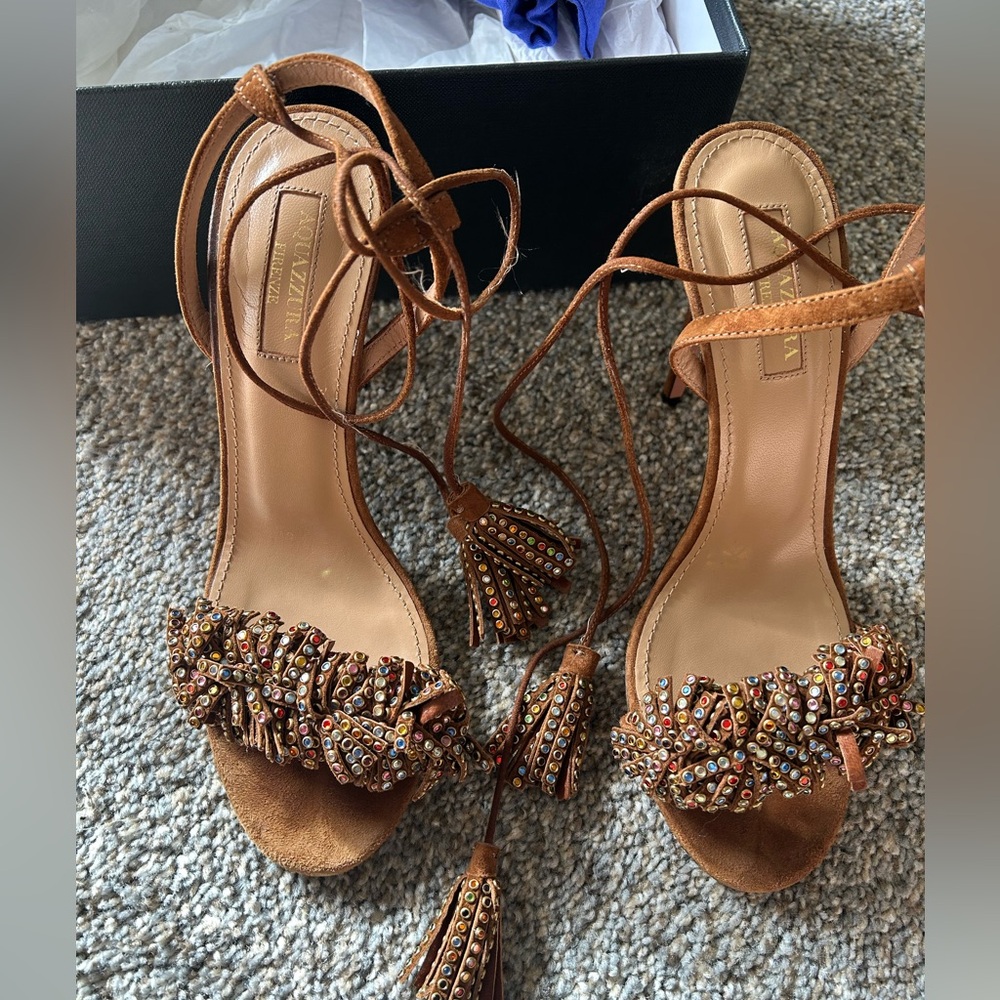 Aquazzura brown (caramel) Suede Lace Up Multicolor Tassel Stiletto Heel Sandals